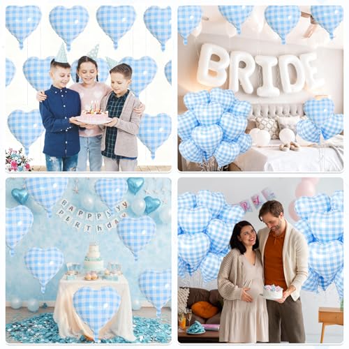 Blue Grid Heart Balloons, 10PCS Light Blue Foil for Boys Birthday Party - color: Blue Grid