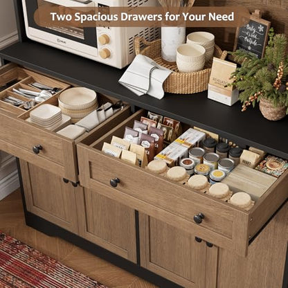 HOSTACK 75" Kitchen Pantry Storage Cabinet, Coffee Bar Hutch Cabinet, Brown | Tall Pantry Cabinet with Charging Station / Wide Countertop / Glass Doors / Wine Rack / Cup Holder / Drawers, Dining Room - color: Black/Brown