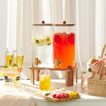 2 PCS 1.5 Gallon Drink dispenser, Glass Beverage Dispenser With Wood Stand, Large Water Drink Dispensers for Parties With Stainless Steel Spigot, Ideal for Lemonade,Juice, Tea, and Party Drinks