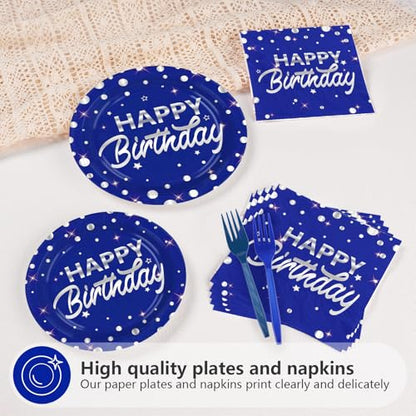 96Pcs Blue and Silver Birthday Party Decorations Silver Polka Dots on Blue Paper Plates and Napkins Disposable Tableware for Men Birthday Party Father's Day Graduation Decorations 2026 Serves 24 - style: Blue Sliver Wave Point Birthday Sets
