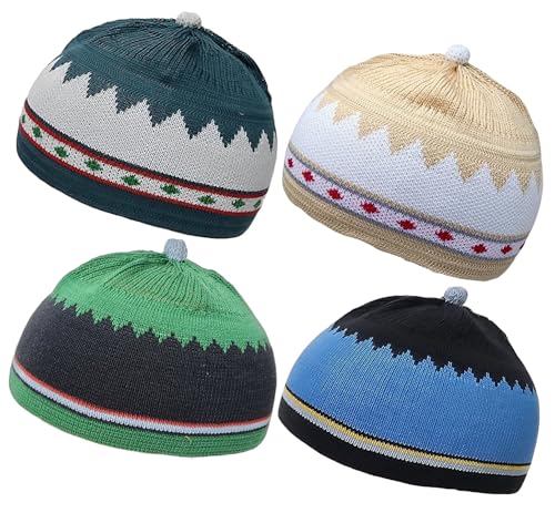 Set 4 Child Size Muslim Children Baby Beanie Skull Cap Assorted Color AMN-273 Islam Crochet Takke Kufi Hat Eid Ramadan Gift - color: Color Set 1
