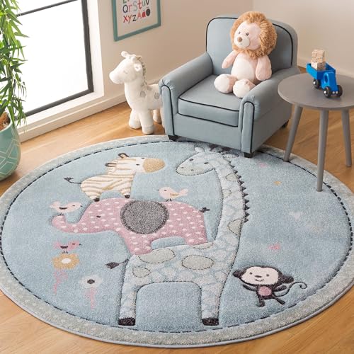 SAFAVIEH Carousel Kids Collection Area Rug - 4' Round, Blue, Animal Design, Easy Care & Non-Shedding, Ideal for High Traffic Areas for Boys & Girls in Playroom, Nursery (CRK120K-4R) - color: Blue, size: 4' (Round)