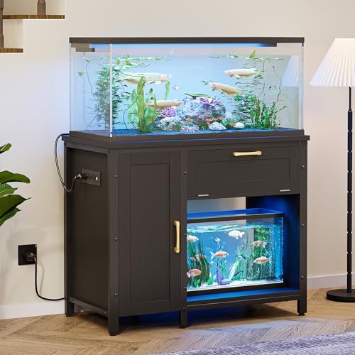Bestier 40-50 Gallon Aquarium Stand with Power Outlet & LED Light, Black | 5-In-1 Outlet, Max Load 726Lbs, 22 Modes & 7 Colors Light, Heavy-Duty Metal Legs, Storage Cabinet & Drawer, Adjustable Shelf - size: 40-50 Gallon