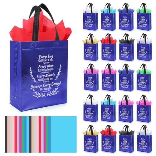 LUAVIARU 40 Pcs Bible Verse Christian Gift Bags Set – 20 Royal Blue Reusable Gift Bag with Handles & 20 Tissue Paper, Religious Gift Bag for Church Events, Baptism, Easter, Communion, Congratulations - color: Royal Blue, size: 20