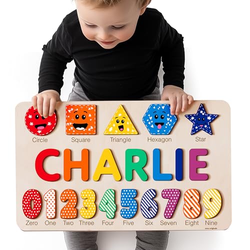 Zuzu Wooden Personalized Puzzle with Name, Numbers, Shapes | First Birthday Gift | Heirloom Keepsake | Educational and Fun Toy for Toddlers - color: Numbers and Shapes
