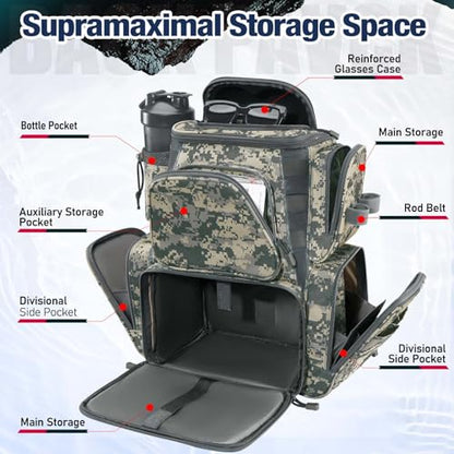 Piscifun Fishing Tackle Backpack with 2 Rod Holders, 4 Boxes & Rain Cover | Multi-pocket storage, fits 3600/3700 trays, bottle holder, padded straps for bank fishing - color: Digital Camouflage