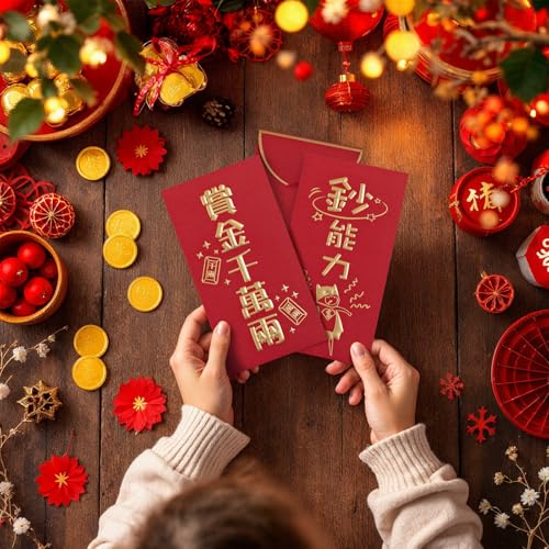 Chinese New Year Red Envelopes - 50-Count Funny Chinese Red Packets, Hong Bao with Gold Foil Design, Gift Money Envelopes, 10 Designs - color: Funny Sayings, 50-Count