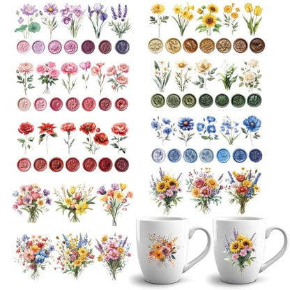 84 Pcs UV DTF Cup Wraps, 10 Styles Wax Seals Stamps Floral Botanical Stickers Cartoon Rub on Decals Waterproof Transfer Stickers for Glass Cups Wood Crafts - style: Wax Seals Stamp