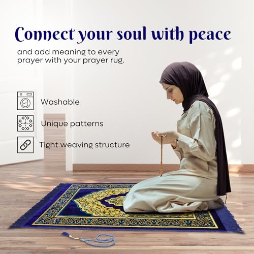 Muslim Prayer Rug, Soft Plush Thin Islamic Prayer Mat, Janamaz, Sajada, Praying Carpet, Islamic Gift for Men & Women, Islamic Mat, Navy, Eid & Ramadan Gift with Prayer Beads, 26x43 inch - color: Navy-sacred