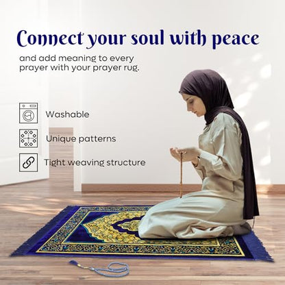 Muslim Prayer Rug, Soft Plush Thin Islamic Prayer Mat, Janamaz, Sajada, Praying Carpet, Islamic Gift for Men & Women, Islamic Mat, Navy, Eid & Ramadan Gift with Prayer Beads, 26x43 inch - color: Navy-sacred
