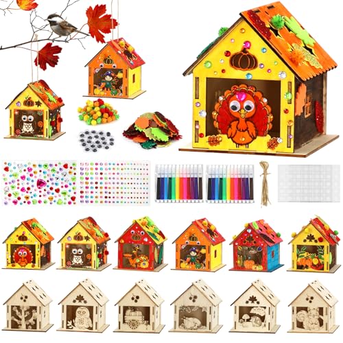 12 Thanksgiving Fall Crafts Wooden House for Boy, Girl & Adult, Fall Activities Kit DIY with Paint Pen Pumpkin Turkey Owl, Thanksgiving Arts and Crafts for Classroom Party Favors & Gift Supplies Bulk - style: Fall Thanksgiving