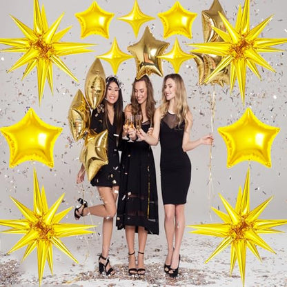22 Pcs Gold Star Balloons,22/18/10 Inch Star Foil Mylar Balloon,Spike Balloon and Four Pointed Balloons for Party Supplies Christmas Birthday Wedding Photo Booth (Gold) - color: Gold