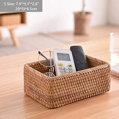 Handmade Rectangle Wicker Fruit Box Rattan Tray Magazine Organizer and Small Objects Container Serving Basket (Small) - size: Small