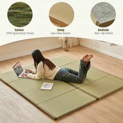 HAGiHARA Japanese Tatami Mat,Rush Grass Portable Folding Mat,Futon Mattress Traditional Floor for Meditation,Yoga,Sleeping or Summer Use,35.4"x78.7"x0.8" - size: Twin