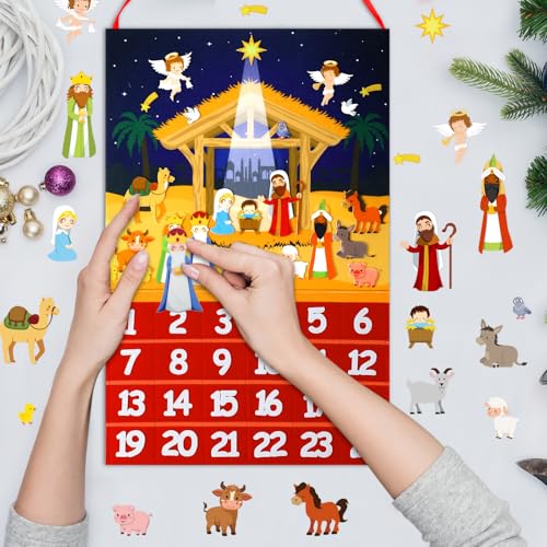 Wonderjune Nativity Advent Calendar Christmas Felt Hanging Advent Calendar Craft Religious Jesus Christian Nativity Scene Countdown to Christmas with 24 Ornaments Pockets Xmas Holiday Wall Decoration