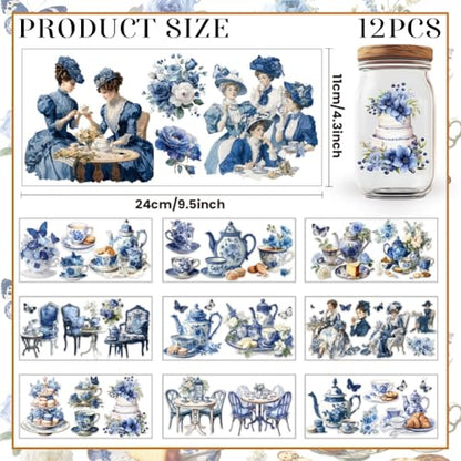 12 Pcs Blue Retro UV DTF Cup Wraps, 4.3 x 9.4 Inch Afternoon Tea UV DTF Transfer Stickers Waterproof Rub on Transfer Decals for 16OZ Glass Bottle Vase Furniture Crafts - style: Retro Afternoon Tea