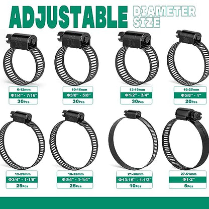 OURU Black Hose Clamp-175PCS Stainless Steel Hose Clamps Assortment Adjustable 1/4"-2"(6-51mm) Worm Gear Hose Clamp,Heavy Duty Small Hose Clamps for Automotive,Pipe,Radiator Plumbing,Fuel Line - size: 175PCS KIT (1/4" - 2")