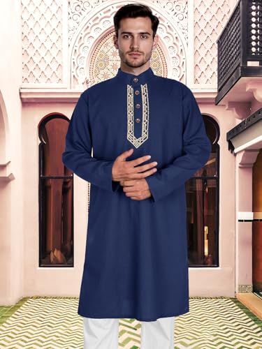 Men’s Kurta Kaftan Robe - Long Sleeve Cotton Linen Muslim Henley Shirt for Ramadan, Prayer & Daily Wear - color: Navy, size: X-Large