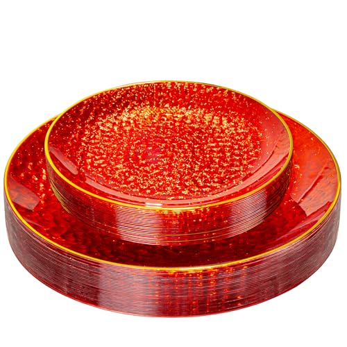 SUT 36Pcs Red Plastic Plates, Hammered Plates Disposable Heavy Duty, Red Disposable Plates With Gold Rim, Fancy Plastic plates Include 18 Dinner plate and 18 Dessert plate for Wedding - color: Red, size: 36PCS