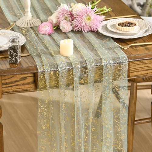 Artoid Mode Sage Green Gold Gauze Table Runner 120 Inch 10FT, Glitter Metallic Foil Sheer Dining Wedding Anniversary Holiday Birthday Table Decor for Home Party - color: Sage Green, size: 28" x 120"