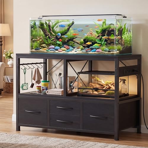 Heybly 55-75 Gallon Fish Tank Stand, Aquarium Stand with Drawer, Power Outlet, Heavy Duty Metal Frame, for Fish Tank, Turtle & Reptile Terrarium, 36.2" L × 18.1" Top, 660lbs (Top)+400lbs(Mid), Black HAS005BK - color: Black, size: 55-75 gal