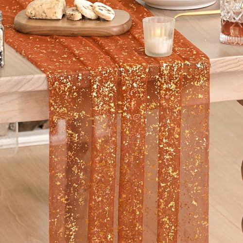 Artoid Mode Caramel Gold Gauze Table Runner 120 Inch 10FT, Glitter Metallic Foil Sheer Dining Wedding Anniversary Birthday Table Decor for Home Party - color: Caramel, size: 28" x 120"