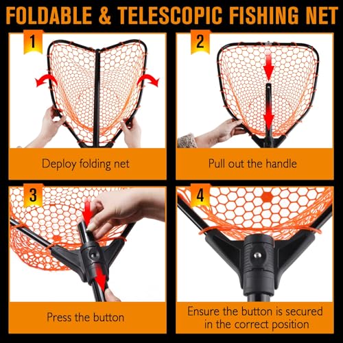 Rubber Fishing Landing Nets Telescopic Handle Nets Folding Nets with Collapsible Handle for Catch & Release Fishing Gift 17.6" dia-13.7" Depth Black/Orange - color: Orange