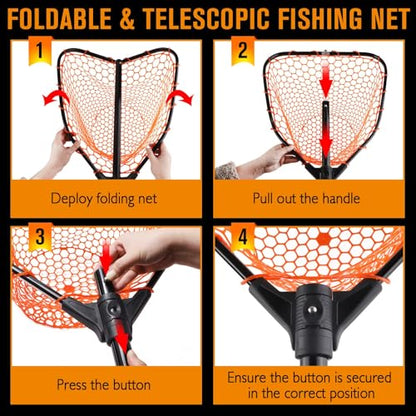 Rubber Fishing Landing Nets Telescopic Handle Nets Folding Nets with Collapsible Handle for Catch & Release Fishing Gift 17.6" dia-13.7" Depth Black/Orange - color: Orange
