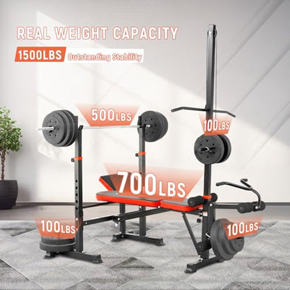 MAIDOMA Foldable 1500LBS Capacity 8 IN 1 Weight Bench Set with Leg Extension/Squat Rack/Preacher Curl, Adjustable Bench Press for Home Gym Full Body Workout (US Stock) - color: 레드