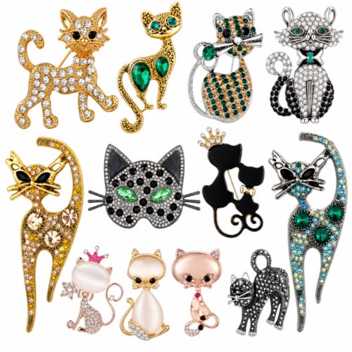 Junkin 12 Pcs Women Brooches Bulk Vintage Rhinestone Pin Set - style: Cat