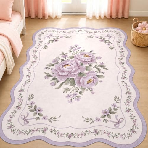 Scalloped Floral Rug for Bedroom Girls, 5x7 Purple Lavender Washable Area Rug for Nursery, Soft Low Pile Non-Slip Carpet for Playroom, Dorm or Kids Room - color: Purple, size: 5' x 7' (Rectangular)