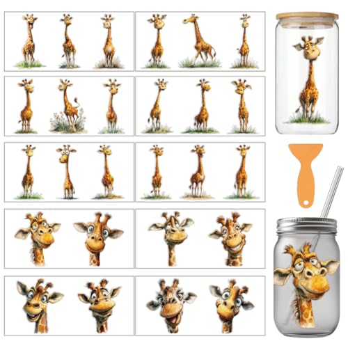 arricraft 10 Pcs Funny Giraffe Theme PVC Cup Transfer Stickers, Grass Giraffe Pattern UV Waterproof Cup Sticker for 16 oz Glasses Window Home Printing Decoration 24x11cm - style: Funny Giraffe Theme