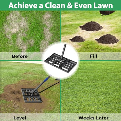 Lawn Leveling Rake, Heavy Duty Lawn Leveler with 17" x 10" Rakes Head Plate No Flipping, Smooth Garss Topsoil Dirt Sand, Metal Ground Leveling Tool with 5 ft Long Handle for Yard Garden Golf Course - size: 17"x10" , 5 ft