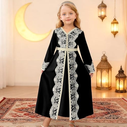 FYMNSI Kids Girls Muslim Abaya Dress Modest Lace Belted Prayer Dress Islamic Maxi Robe Kaftan Ramadan Arabian Dubai Clothes - color: Black, size: 6-7 Years