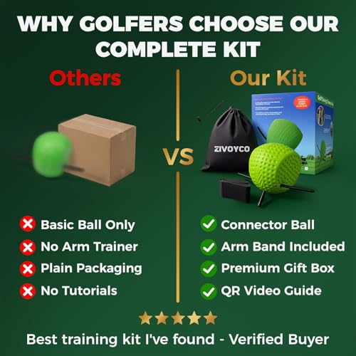 The Connector Golf Training Aid Ball, Golf Swing Trainer for Fix Chicken Wing – Posture Correction Kit with Arm Band, Golf Training Aids Swing Mechanics, Muscle Memory Builder, Perfect Golf Gift Set