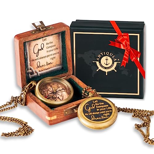 Brass Compass with Wooden Box - Graduation Gifts, Pirate Accessories & Baptism Gift for Boys, Steampunk Travel Decor Compasses for Missionary, Inspirational and Sentimental Compass - style: God Compass