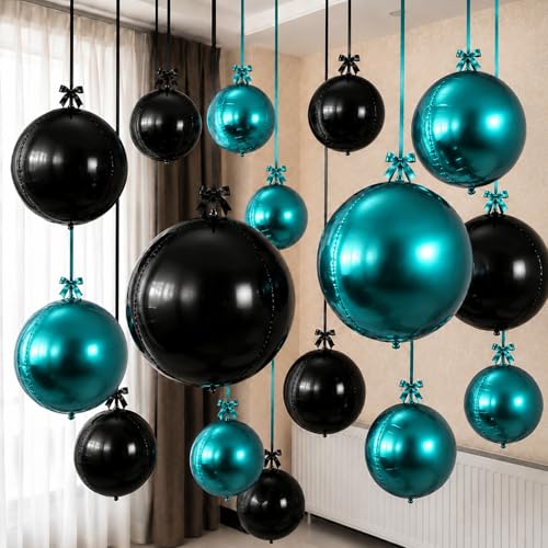 Togvu Emerald Green Black Round Foil Balloons, 16PCS Different Sizes 4D Metallic Balloon Sphere Mirror Ball Balloons for Prom Graduation Elegant Birthday Party Ceiling Decorations Supplies - color: Black Dark Green