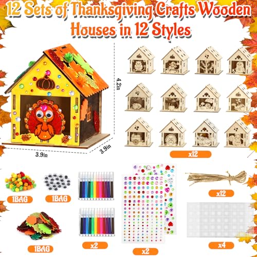 12 Thanksgiving Fall Crafts Wooden House for Boy, Girl & Adult, Fall Activities Kit DIY with Paint Pen Pumpkin Turkey Owl, Thanksgiving Arts and Crafts for Classroom Party Favors & Gift Supplies Bulk - style: Fall Thanksgiving