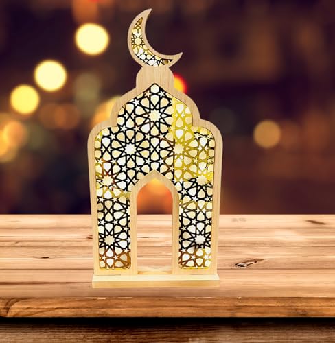 Eid Islamic Home Décor LED Lights Mosque Decoration, Housewarming Gift Wood and Acrylic Prayer Room Home Office 31.5"x15.75" (Self Standing Masjid)