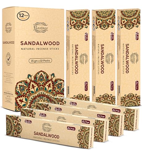 Raajsee Sandalwood Incense Sticks (180 gm), 100% Pure Organic Natural Hand Rolled Free from Chemicals - Sandalwood Incense Perfect for Aromatherapy, Cleansing, Meditation, and Church (Pack of 12) - color: Sandalwood