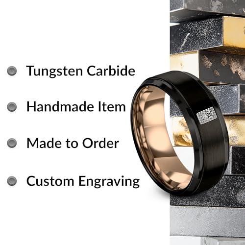 Gift for Muslim Devotee - Prayer Rug Pattern Ring - Black Yellow Rose Gold - Band - Anniversary Wedding - Personalized Custom Engraving - Flat Dome Bevel - 8mm - Men Women - Tungsten Carbide - color: 05 - Rose Gold Black Tungsten