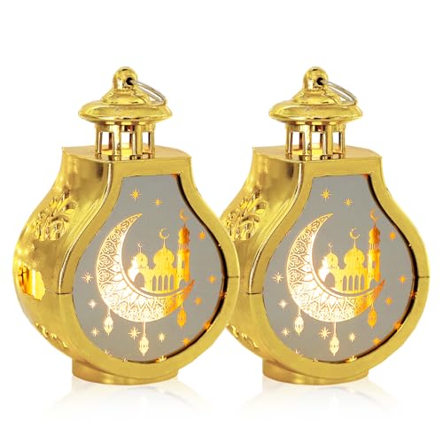 ABTOLS 2 Pieces Ramadan Lantern Decoration，Mini Eid Mubarak Moon Lamp Ramadan Hanging Candle Lantern Gold Islamic Muslim Light Lantern for Home Tabletop Decor - color: Ll-em-10-2pcs