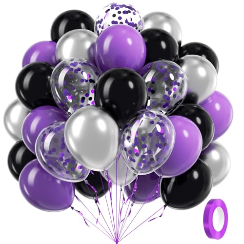 60pcs Purple and Black Balloons 12inch, Purple and Silver Balloon with Metallic Silver Confetti Balloons for Bridal Shower Graduation Birthday Party decorations - color: Purple Black Silver