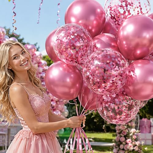 AULE Party Balloons Pack of 42 - Metallic Chrome Pink Balloons and Pink Confetti Latex Helium Balloons With 64ft Ribbons - 12 Inch Balloon Decoration Set - color: Pink