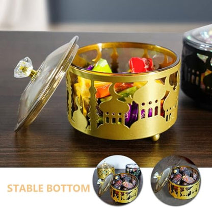 Ciieeo Ramadan Serving Trays 2pcs Round Candy Dish with Lid Metal Eid Mubarak Snack Tray Sugar Storage Bowl Islam Plate Muslim Party Table Decor Golden