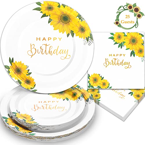 Sunflower Birthday Decorations for Women, Happy Birthday Plates and Napkins for Women Girl, Sunflower Party Decorations Serves 25, Thanksgiving Fall Party Decorations - color: sunflower birithday