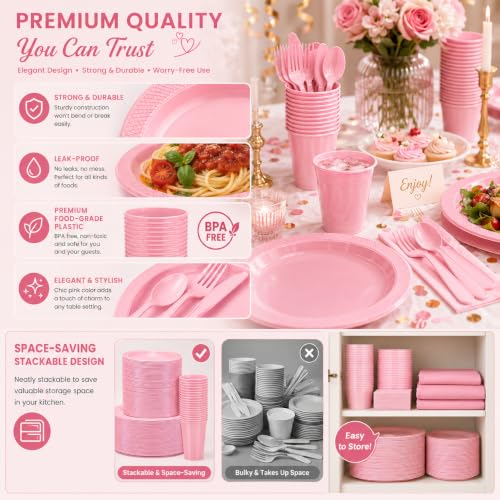 Tinybee 352 Pcs Pink Plastic Plates, Disposable Dinnerware Set for 50 - color: Pink