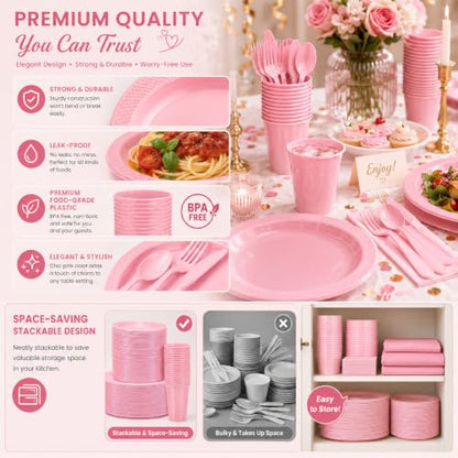 Tinybee 352 Pcs Pink Plastic Plates, Disposable Dinnerware Set for 50 - color: Pink
