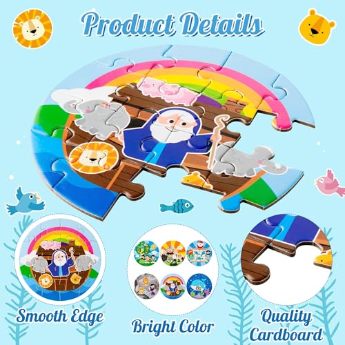 Haooryx Bible Story Jigsaw Puzzles - 12 Pcs Noah's Ark & Jonah and The Whale Cute Religious Cartoon Bible Story Challenging Jigsaw Puzzle for Kids Learning Educational Toys Family Activity Game Nights - style: Bible Story
