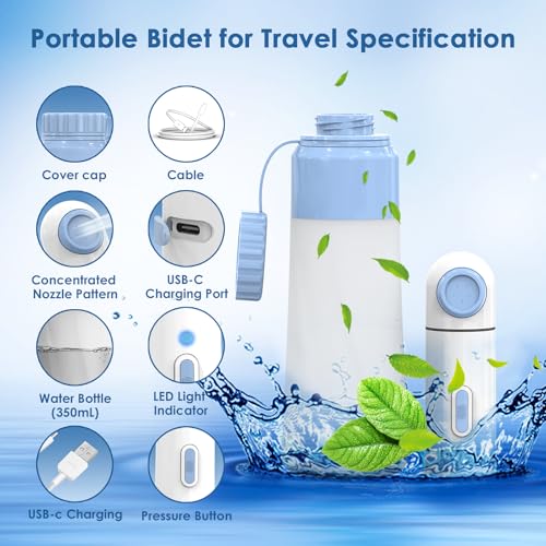 Portable Bidet for Travel – 350ml High Pressure Handheld Electric Portable Bidet - IPX7 Waterproof, Pocket-Sized Rechargeable Travel Budet Bottle for Women, Men & Baby - Personal Hygiene Cleaning